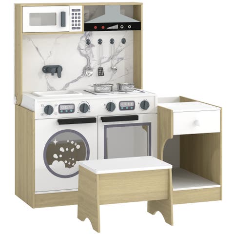 2-in-1 Kids Play Kitchen Set with Table and Chair, Sink, Oven, Cookware, Ages 3-8