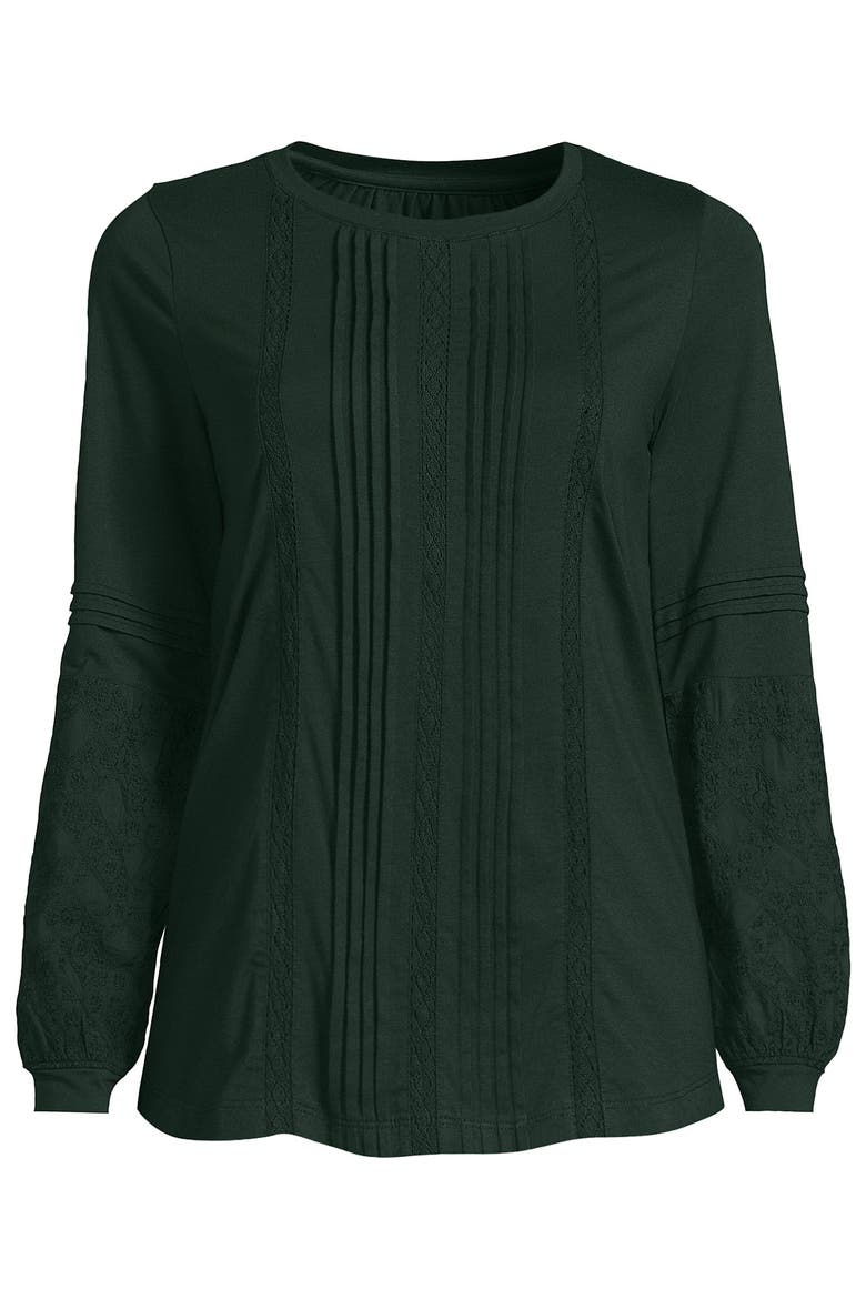 Lightweight Jersey Lace Mix Long Sleeve Pintuck Top, Alternate, color, Pine Valley