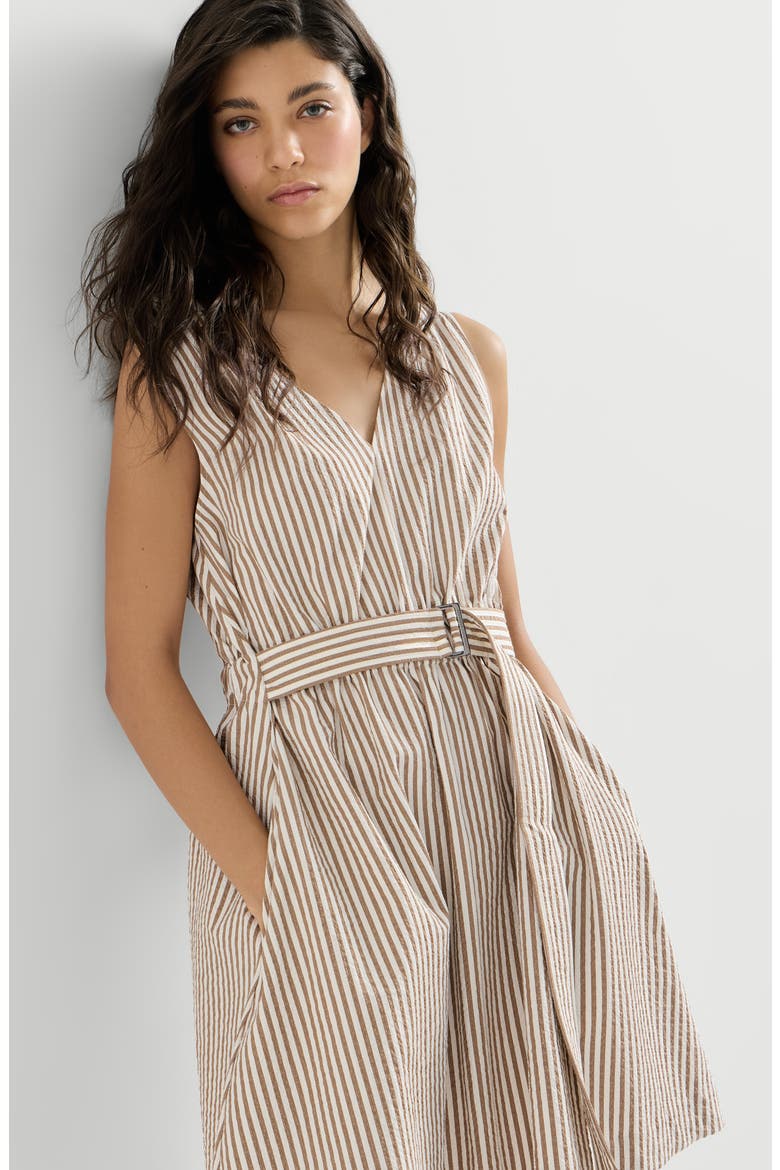 Striped seersucker belted dress, Alternate, color, Beige