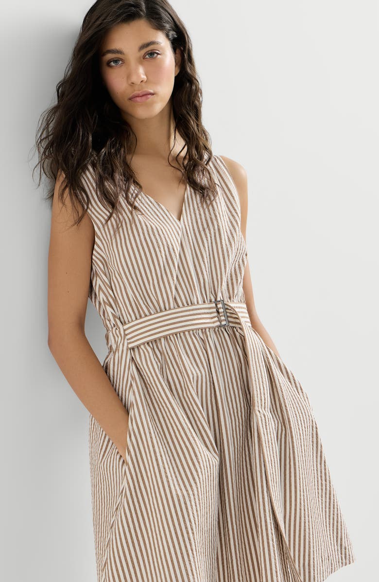 Brunello Cucinelli Striped seersucker belted dress, Alternate, color, Beige