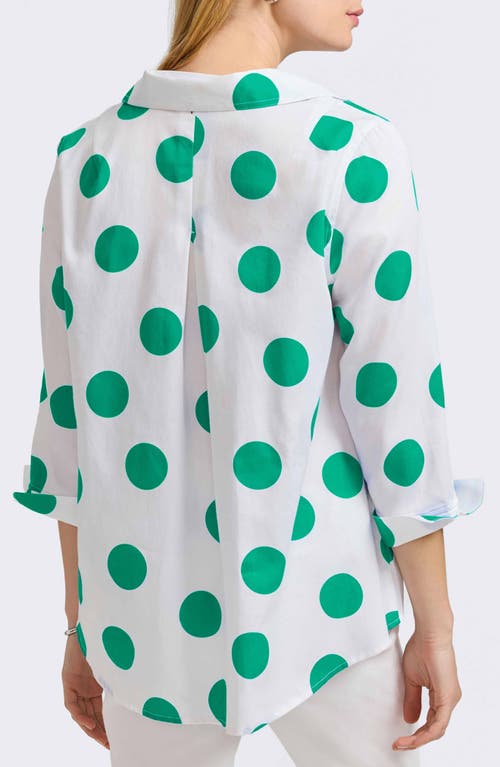 Foxcroft Agnes Dot Print Three-quarter Sleeve Cotton Popover Top In White/green