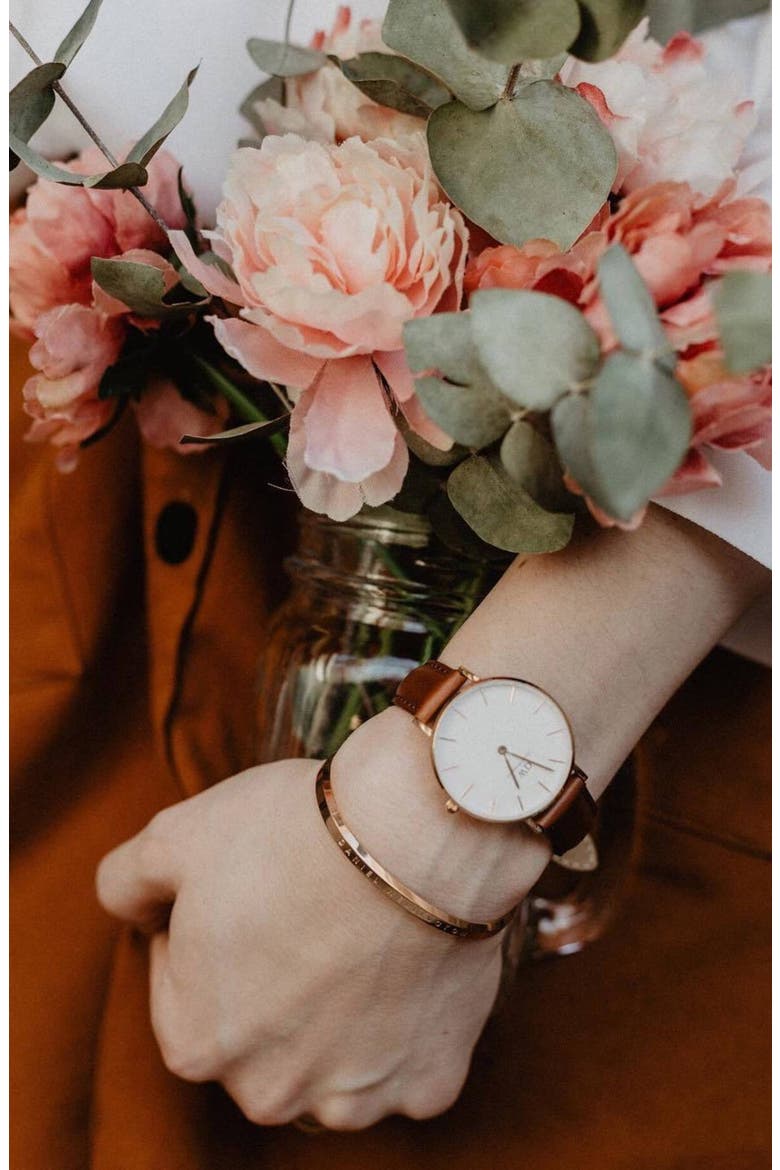 Classic Petite Leather Strap Watch, 32mm, Alternate, color, BROWN/ WHITE/ ROSE GOLD
