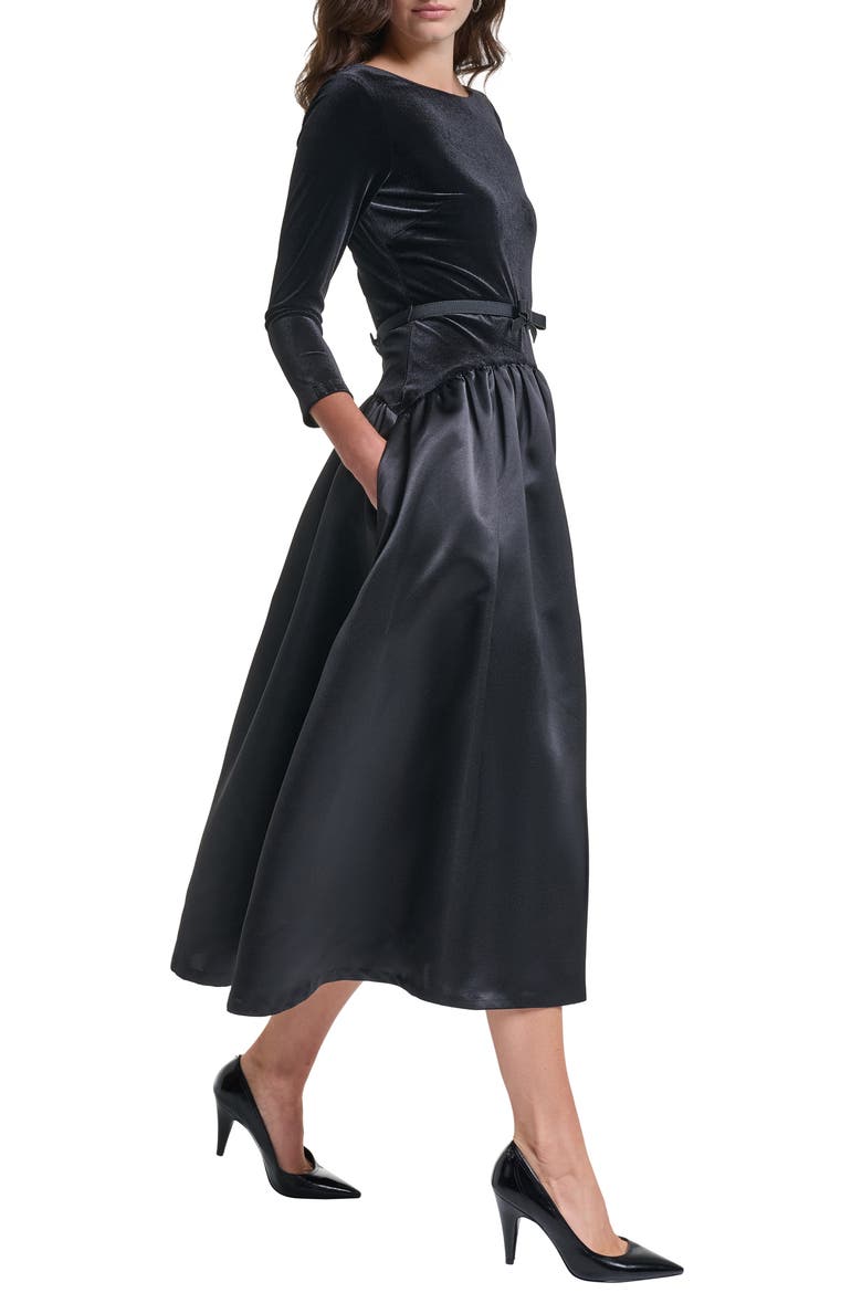 Belted Stretch Velvet & Satin Midi Dress, Alternate, color, BLACK