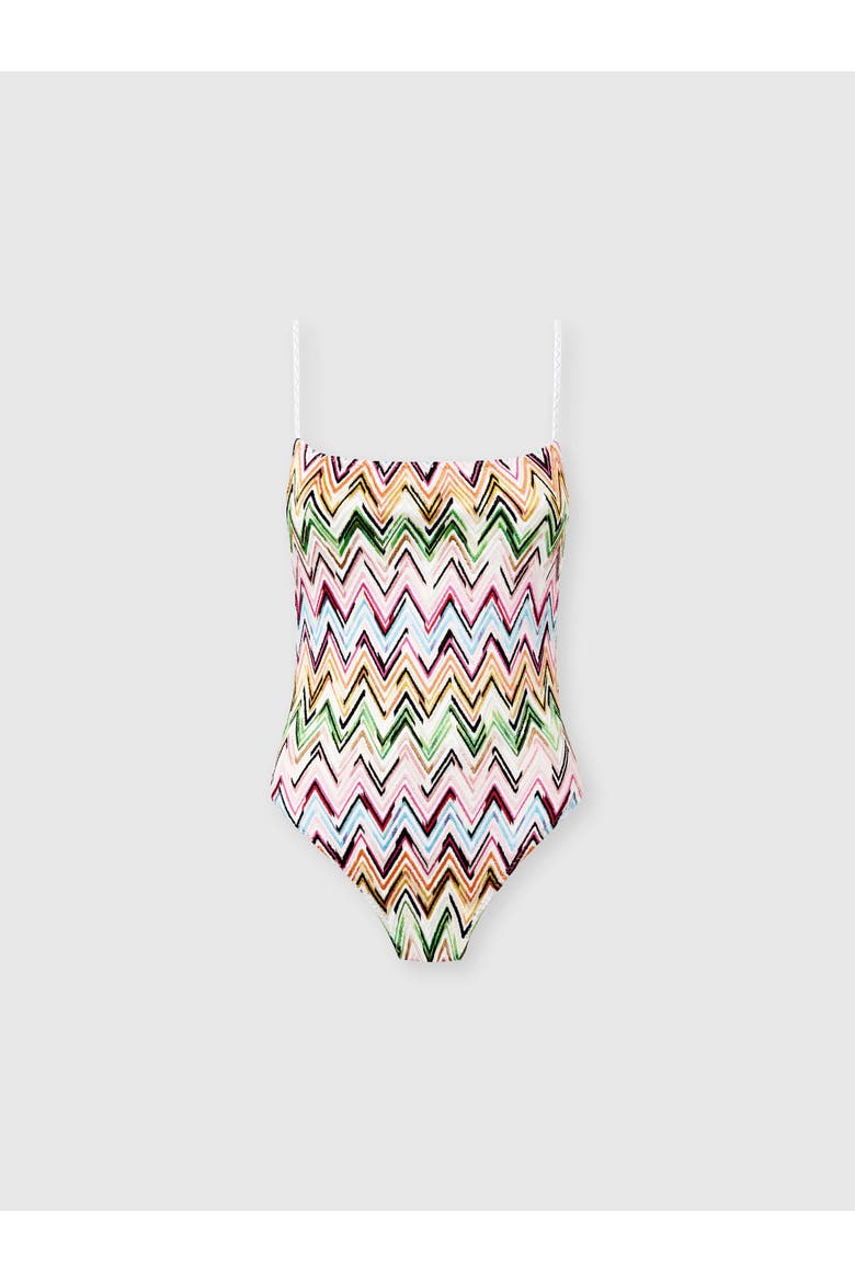 One-piece Swimsuit In Stretch Viscose With Lace And Zigzag Pattern, Main, color, Multicoloured