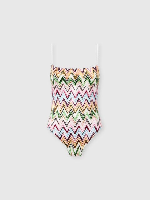One-piece Swimsuit In Stretch Viscose With Lace And Zigzag Pattern