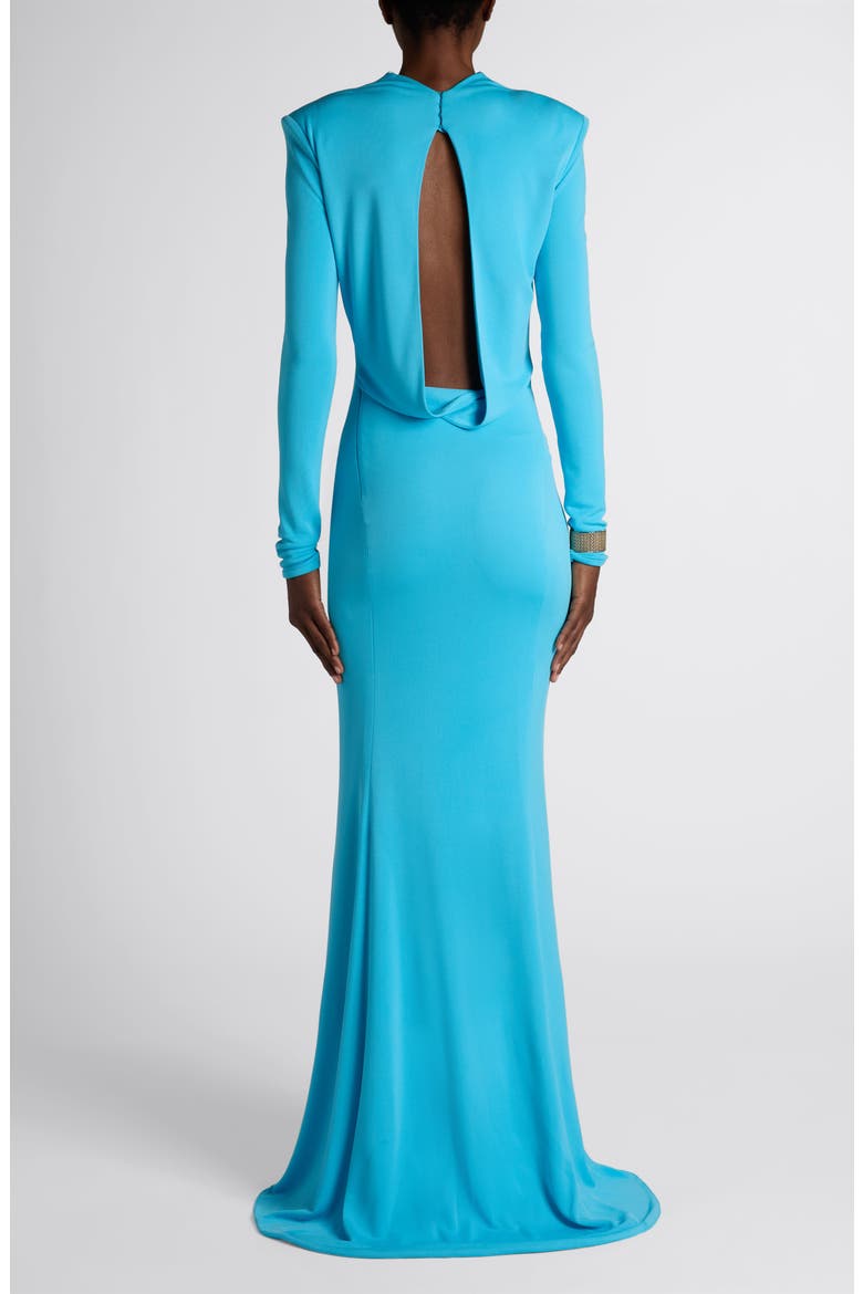 Long Sleeve Crepe Jersey Gown, Alternate, color, AQUA BLUE