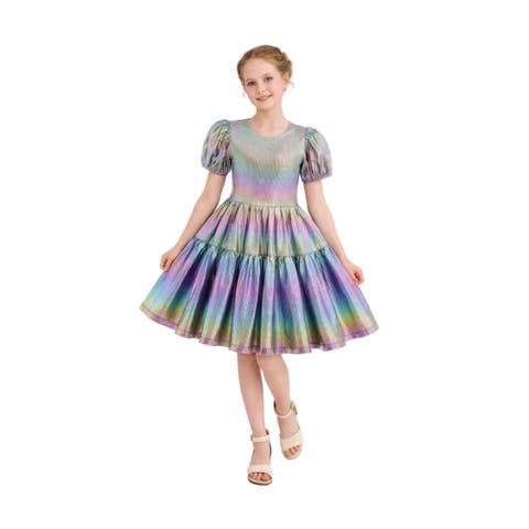 Retro Iridescent Puff-Sleeve Dress