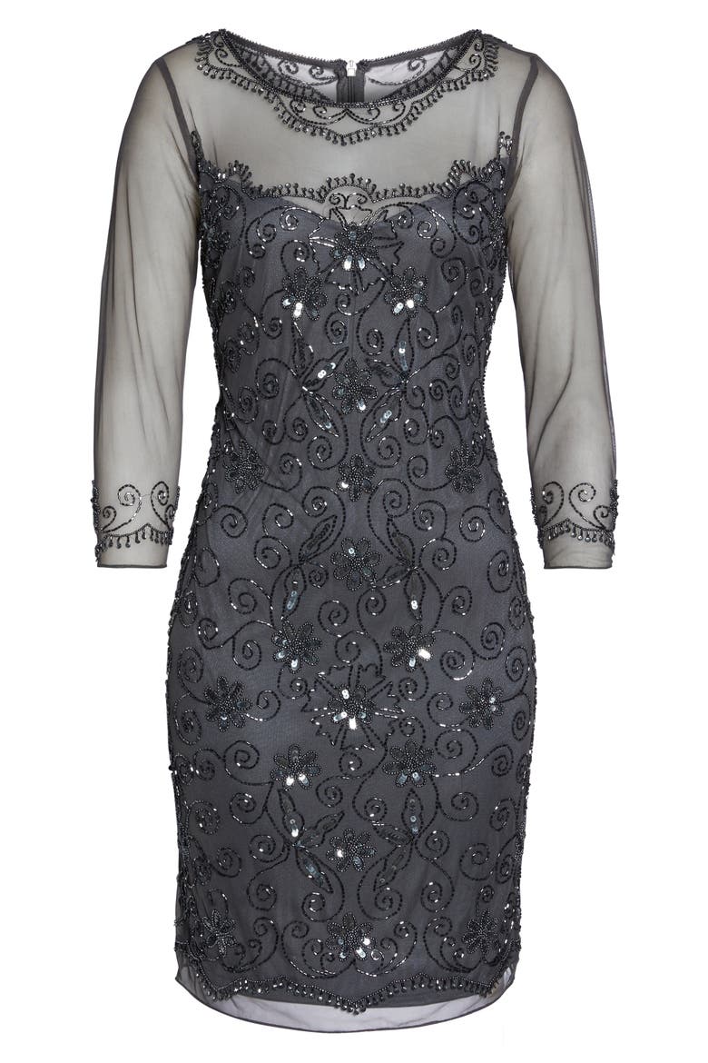 Beaded Mesh Sheath Dress, Alternate, color, SMOKE