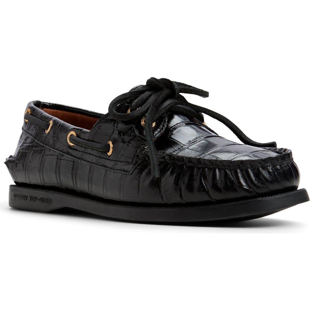 Sperry Authentic Original Two-eye Boat Shoe In Black Croco Leather Emb Croco