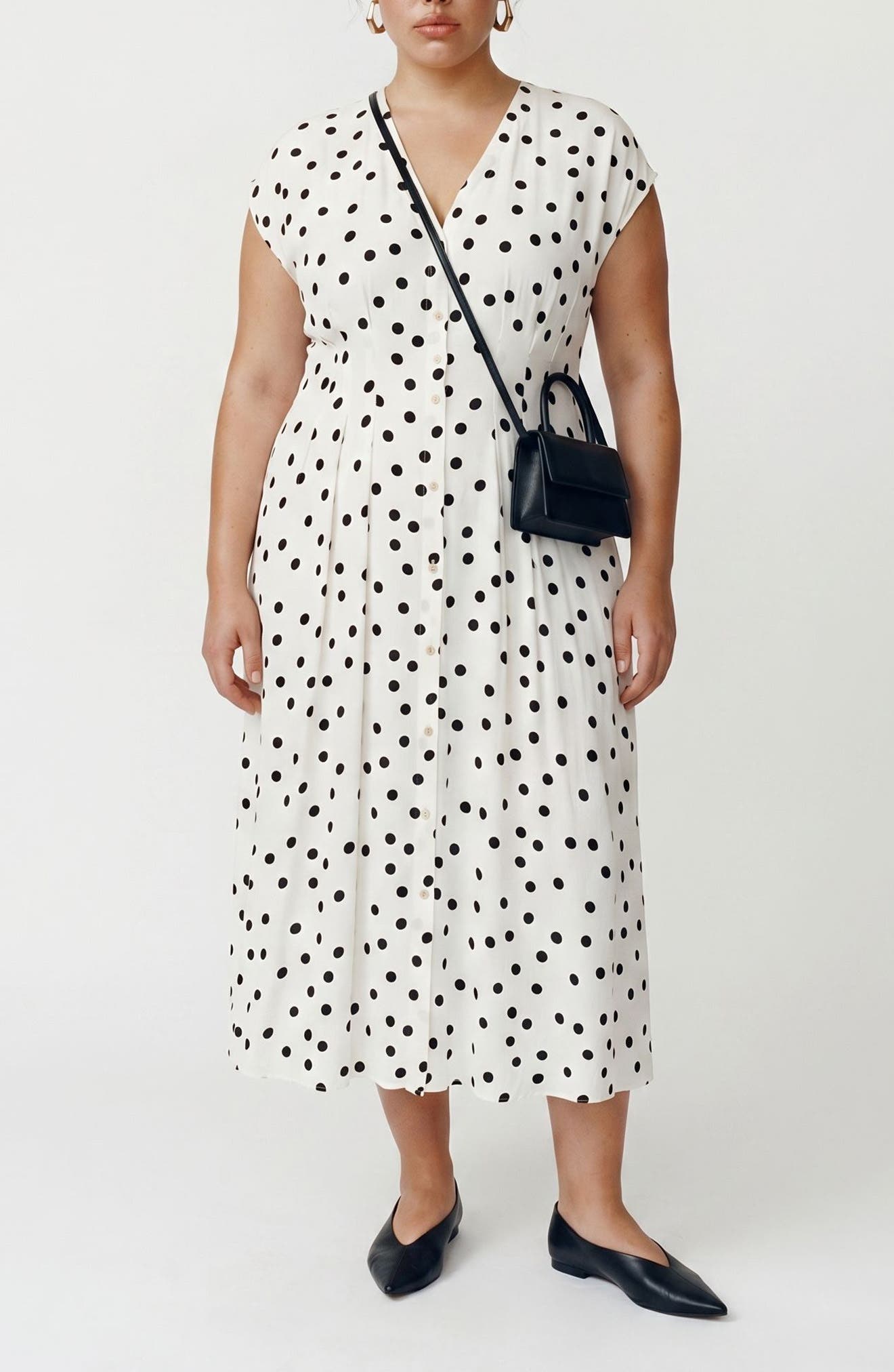VERO MODA Dot Print Cap Sleeve Button Front Midi Dress