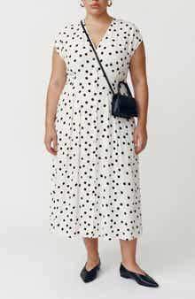 VERO MODA Dot Print Cap Sleeve Button Front Midi Dress
