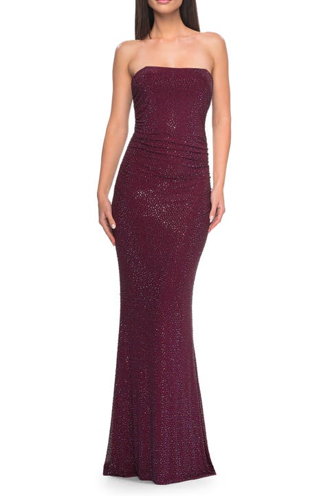Rhinestone Embellished Strapless Ruched Prom Dress