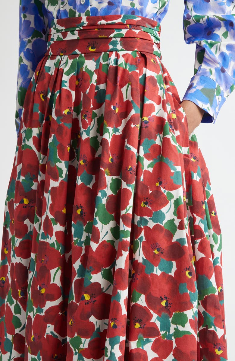 Carolina Herrera Floral Cummerbund Stretch Cotton Midi Skirt, Alternate, color,