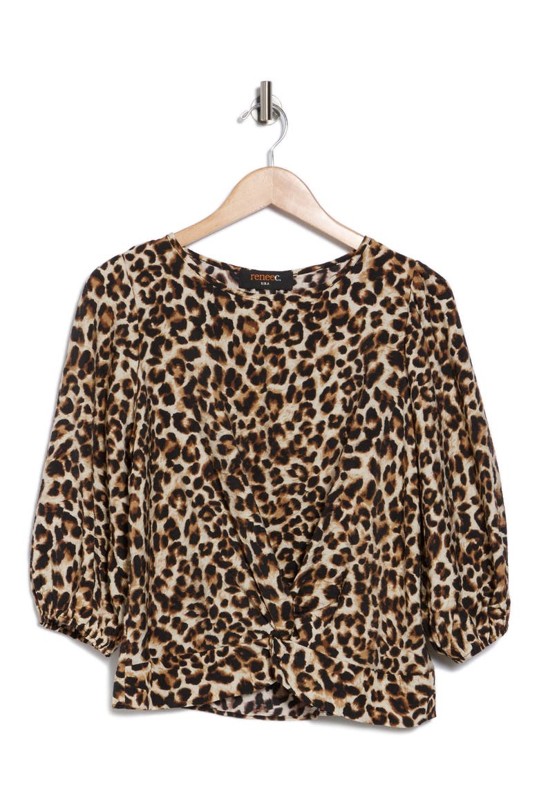 Leopard Front Twist Three-Quarter Sleeve Top, Alternate, color, CHOCOLATE