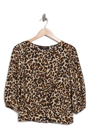 Renee C Leopard Front Twist Three-quarter Sleeve Top In Chocolate