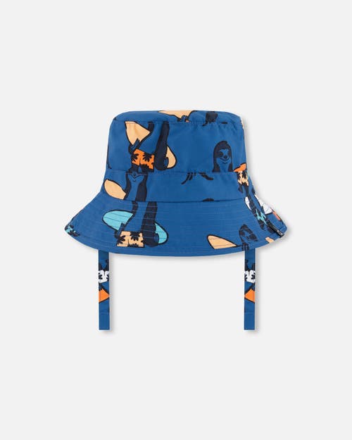 Deux Par Deux Little Boy's Printed Beach Hat Orange Sloths On Navy Blue In Orange Sloths On Navy Blue