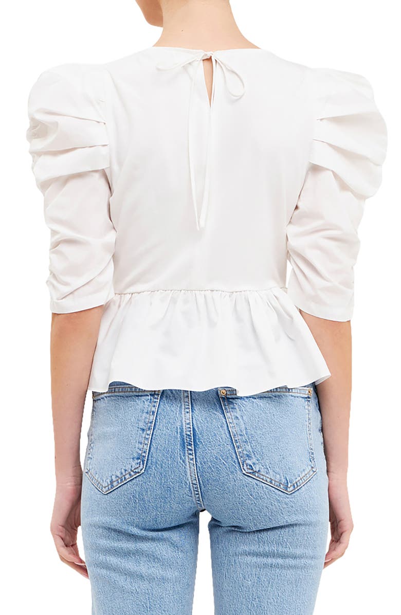 English Factory Pleated Puff Sleeve Peplum Blouse, Alternate, color, White