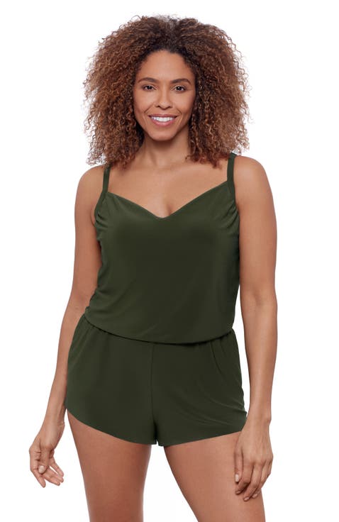 V-Neck Blouson Slimming Swimsuit Romper with Pockets