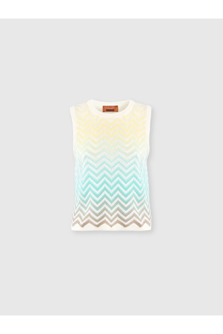 Sleeveless Top In Cotton And Viscose Chevron Dégradé, Alternate, color, Green& Brown