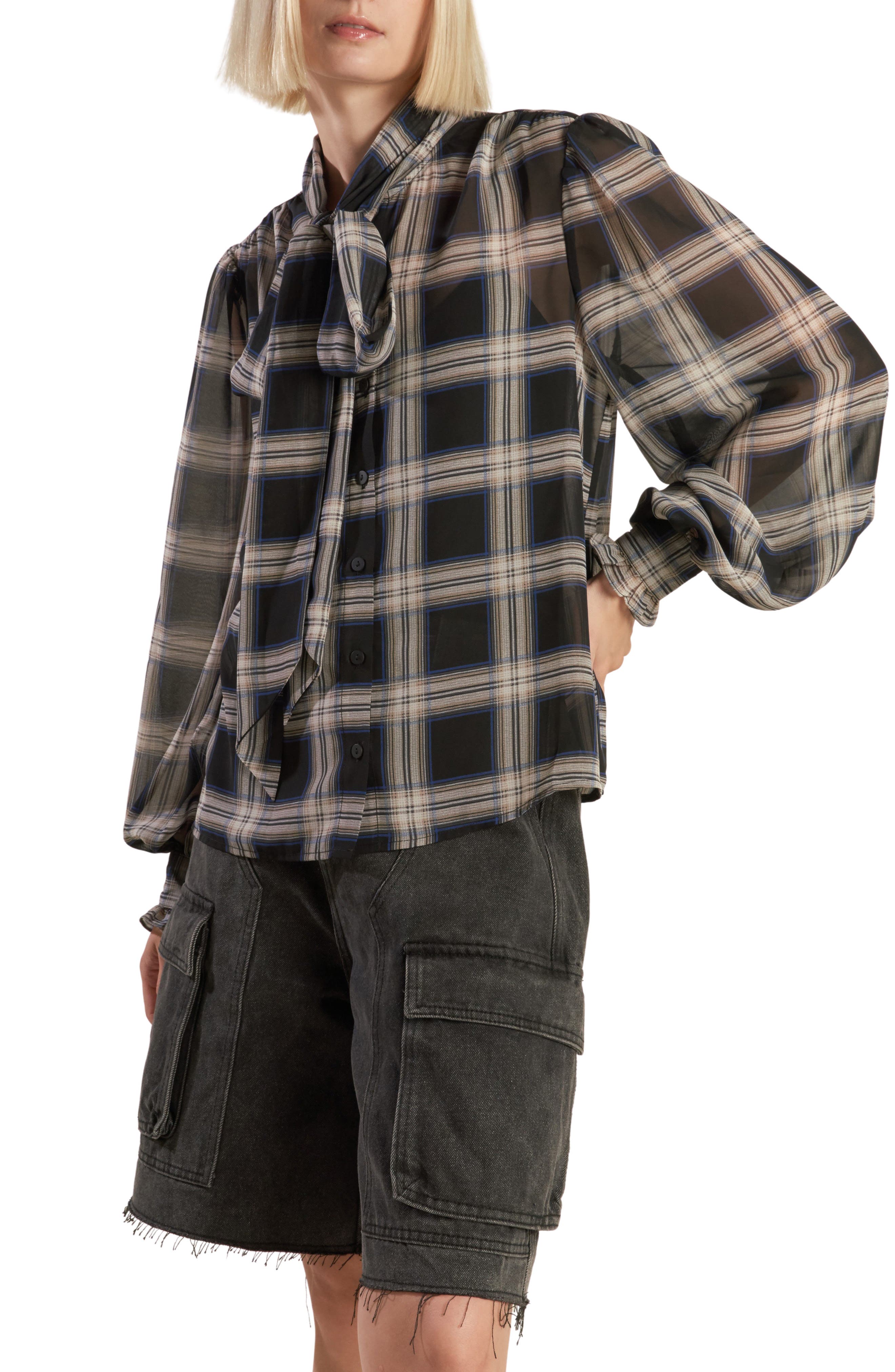 Freemarket Plaid Button Down Tie Neck Top In Black Multi