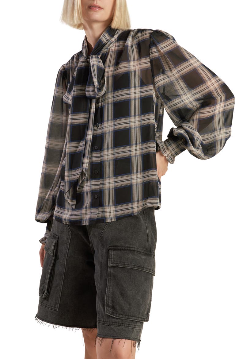 Plaid Button Down Tie Neck Top, Main, color, BLACK MULTI