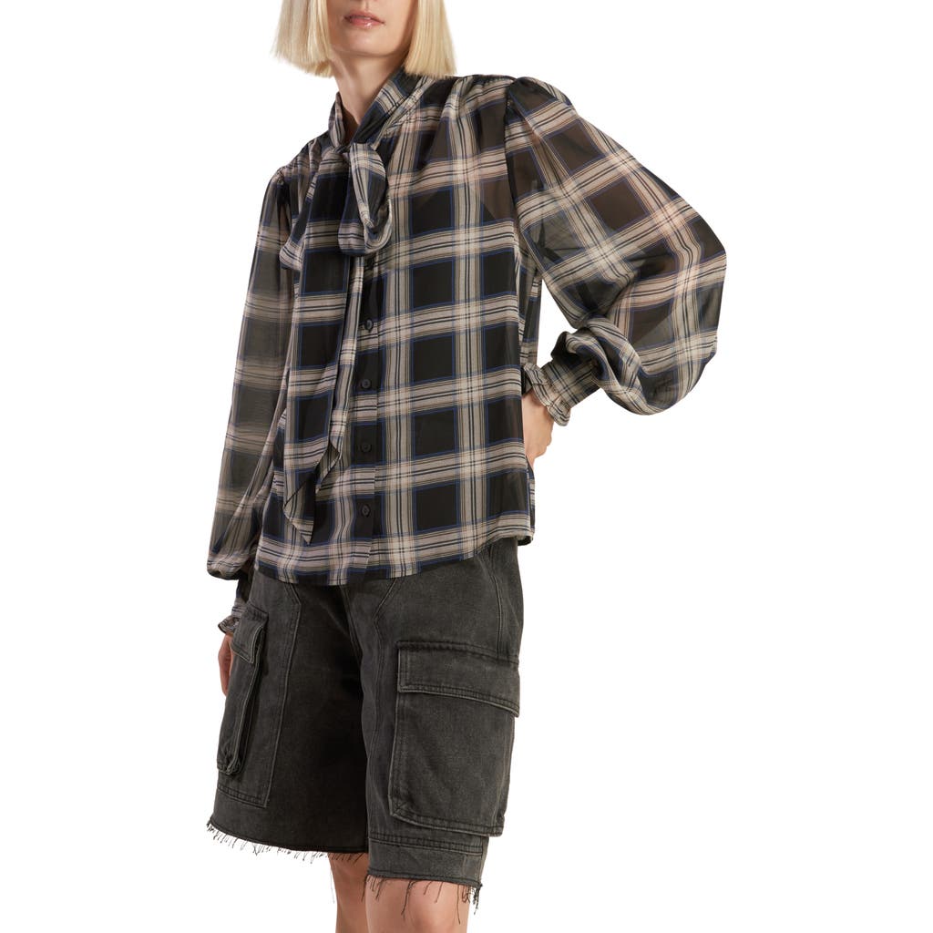 Freemarket Plaid Button Down Tie Neck Top In Black Multi