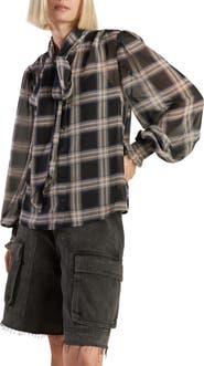FREEMARKET Plaid Button Down Tie Neck Top