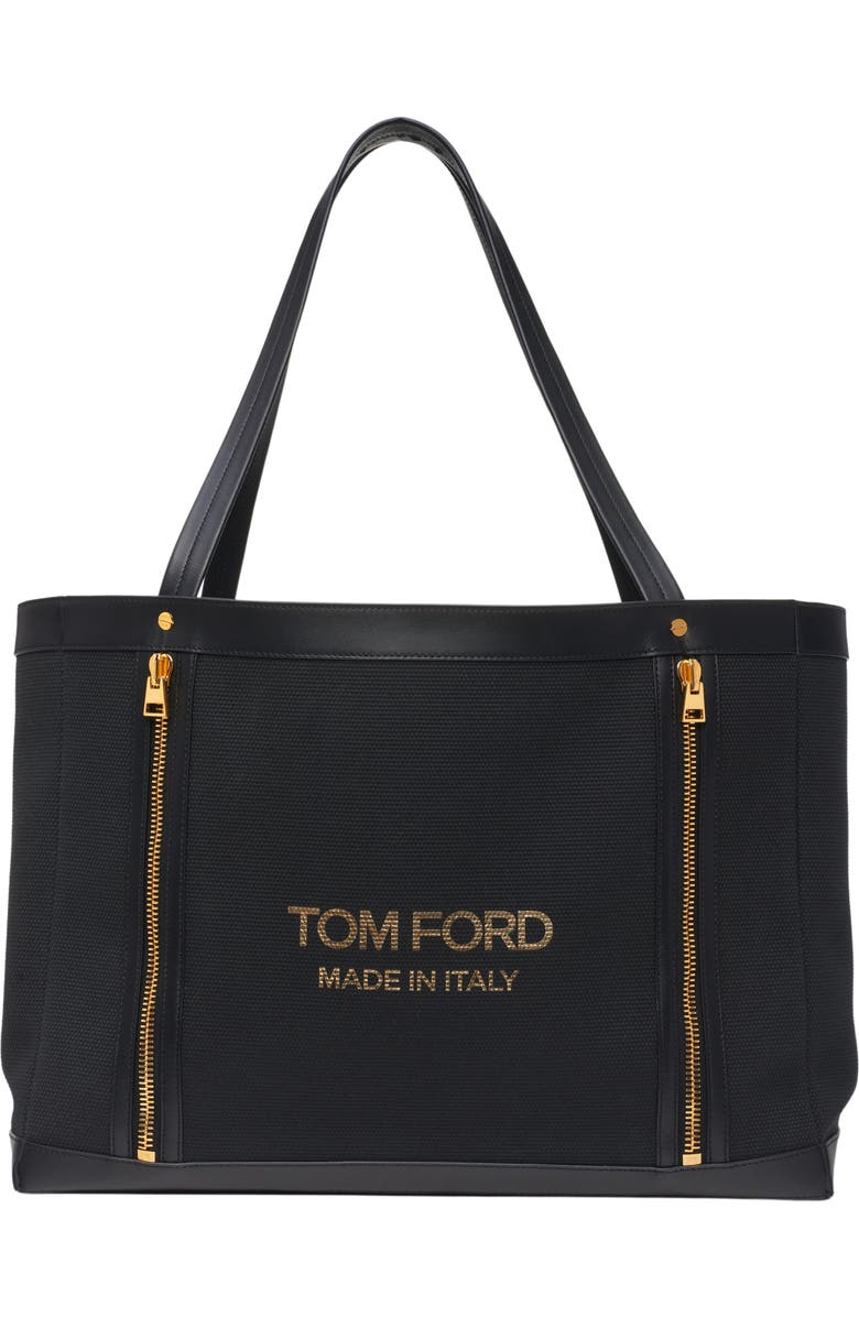 TOM FORD Zip Front Textured Canvas & Leather Tote, Main, color,