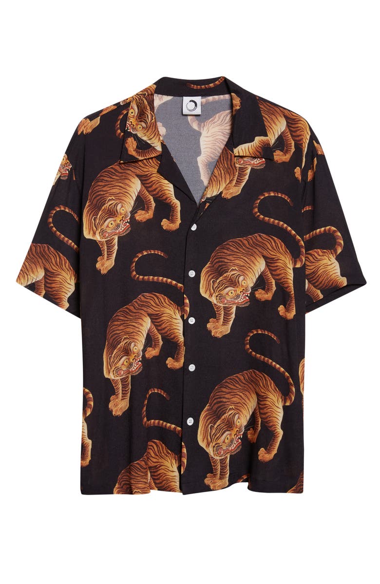 ENDLESS JOY Tiger Print Crepe Camp Shirt, Alternate, color, Black