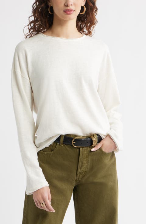 Roll Crewneck Boxy Long Sleeve Cotton Blend Top