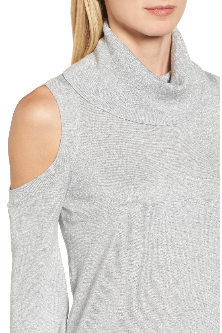 Metallic Cold Shoulder Cowl Neck Sweater, Alternate, color, GREY HEATHER