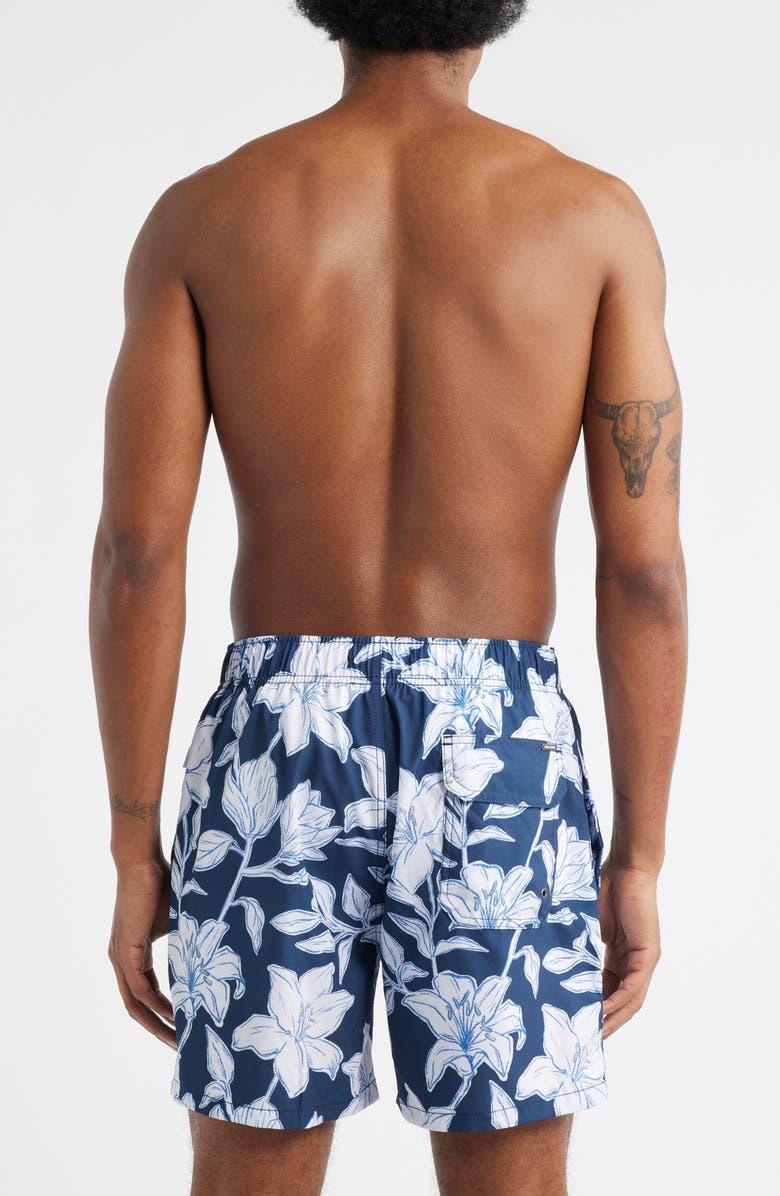 Vintage Summer Floral Stretch Volley Swim Trunks, Alternate, color, Navy