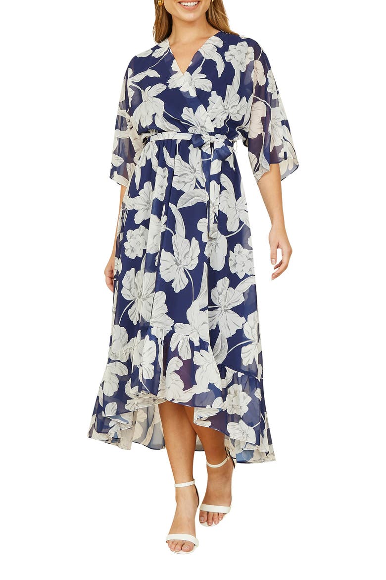 Midi Dip Hem Wrap Dress, Alternate, color, Navy