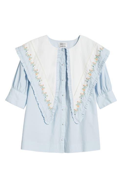 Damson Madder Summer Sandy Embroidered Collar Organic Cotton Short Sleeve Button-up Sshirt In Blue/white