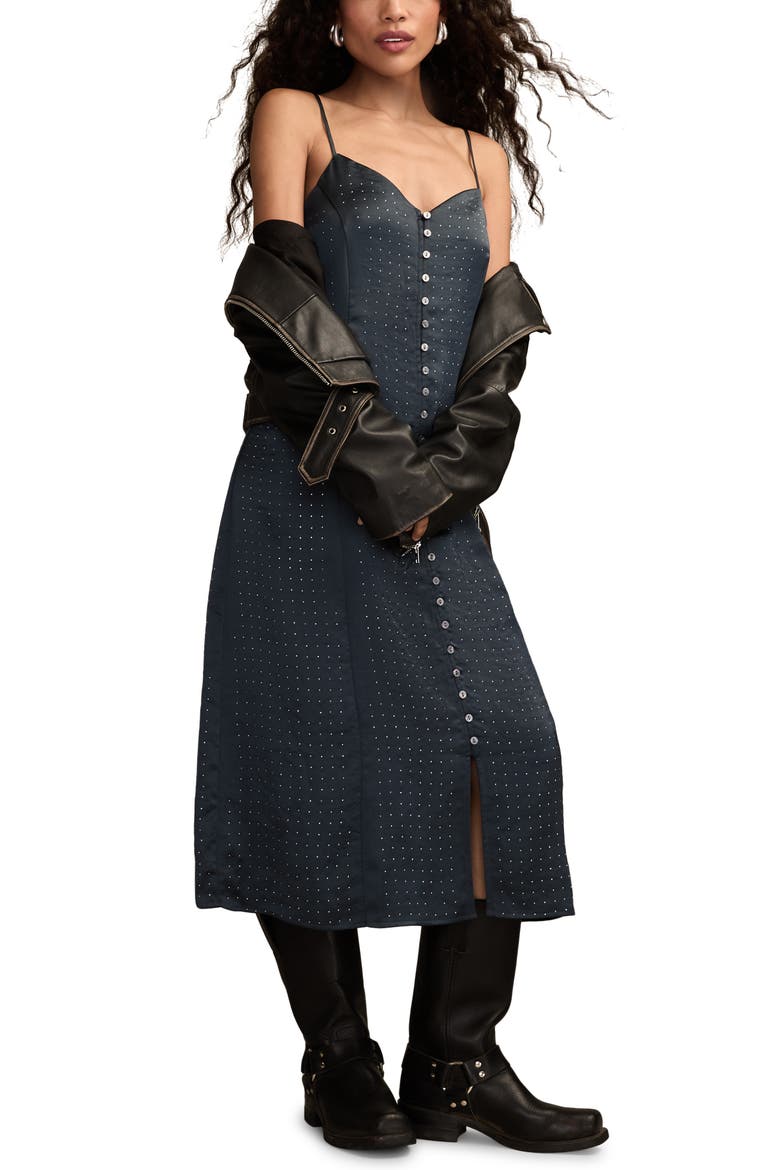 Embellished Button-Up Midi Dress, Alternate, color, BLUE