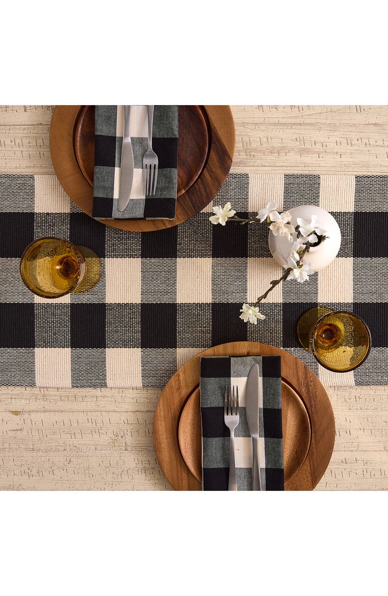 Design Imports Checkered Fringe Cotton Table Runner, Alternate, color, Black