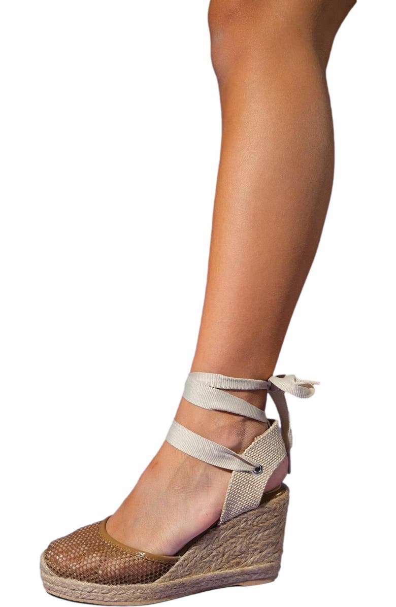 Forever & Always Shoes Lions Mesh Leather Wedge Espadrilles Sandal, Main, color, Cognac Brown Leather