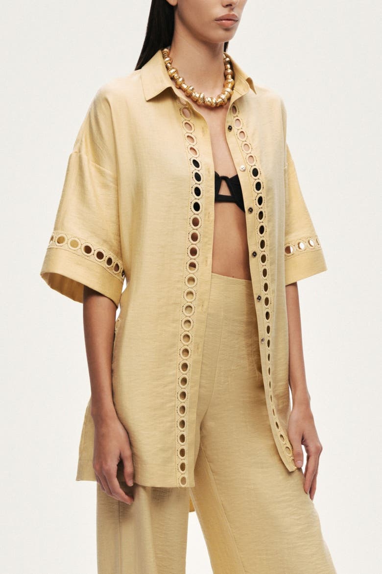 Belted Eyelet Detail Short-Sleeve Jacket, Alternate, color, Yellow