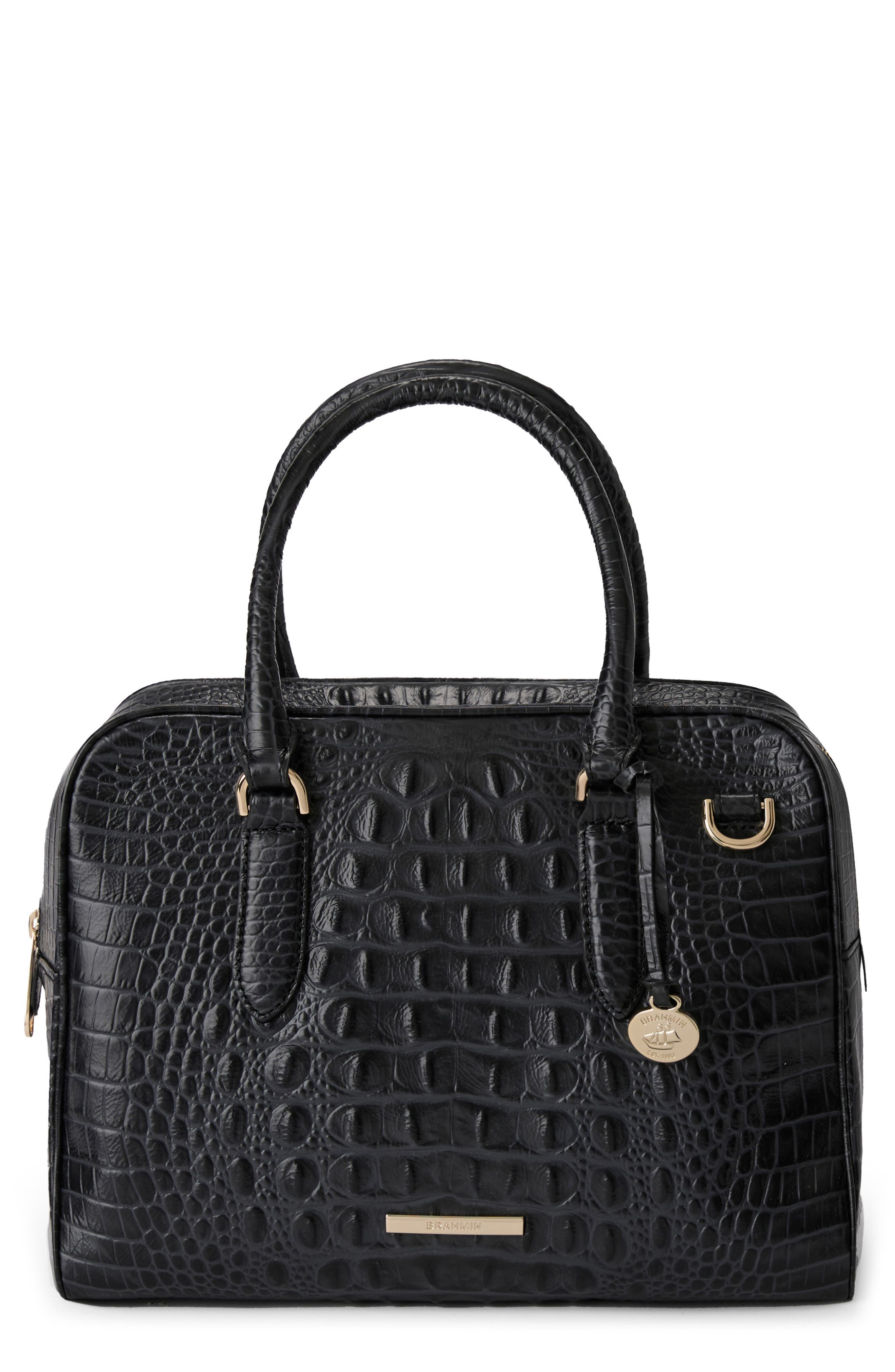 Brahmin Marissa Croc Embossed Leather Satchel, Main, color, Black Alden Road