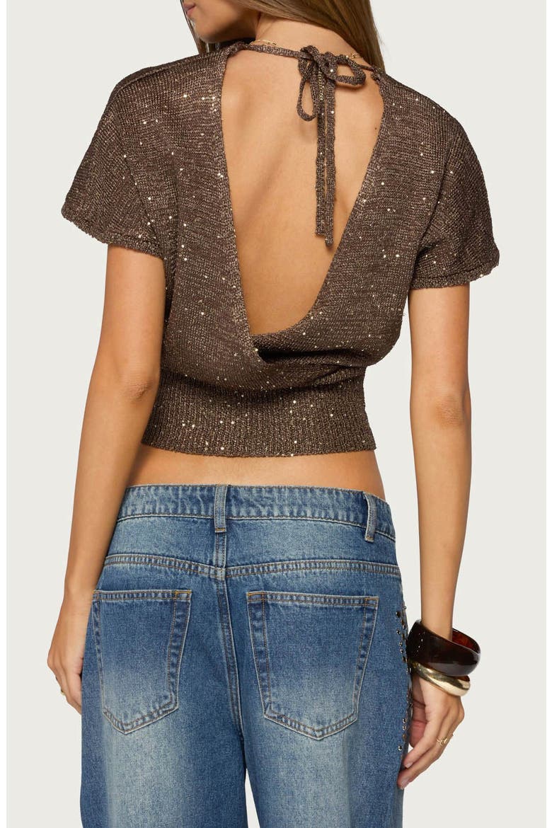 Shirah Sequin Open Back Knit Top, Alternate, color, BROWN