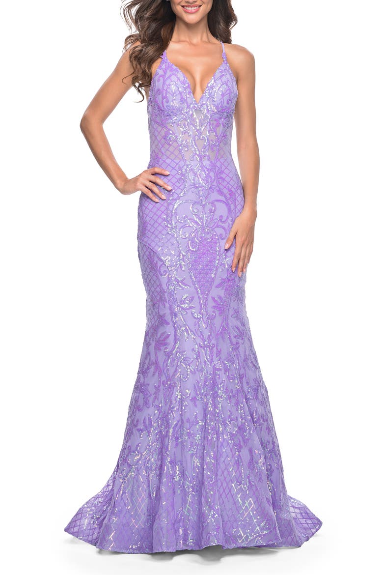 Neon Mermaid Print Sequin Dress with Lace Up Open Back, Main, color, Lavender