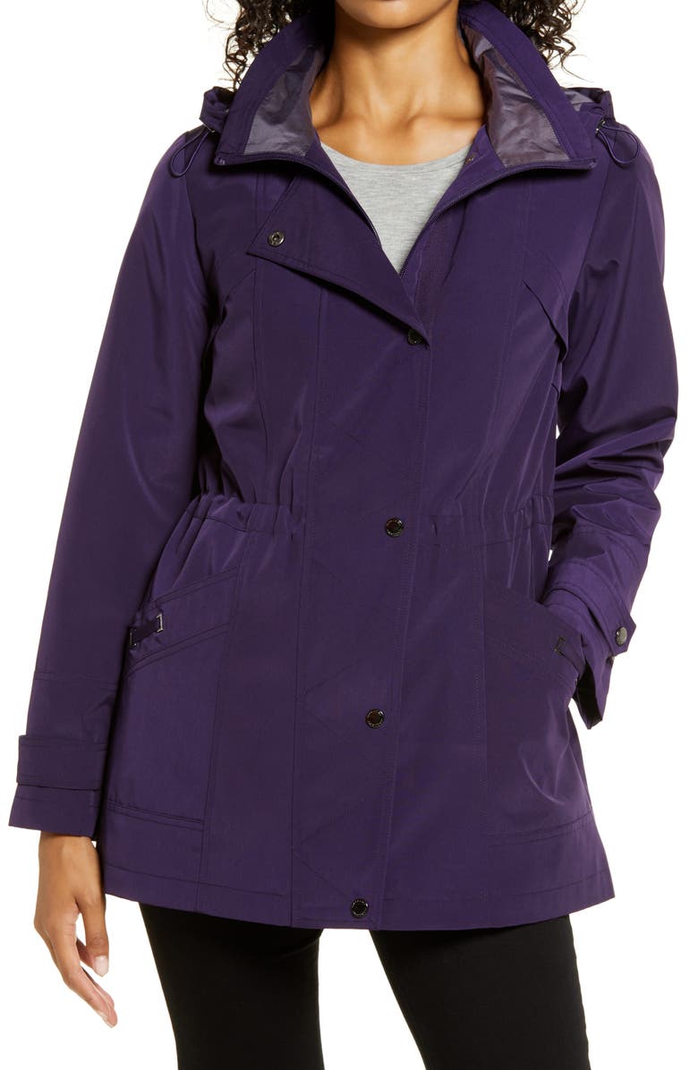 Gallery Cinched Waist Hooded Water Resistant Raincoat, Alternate, color, Purple Shadow