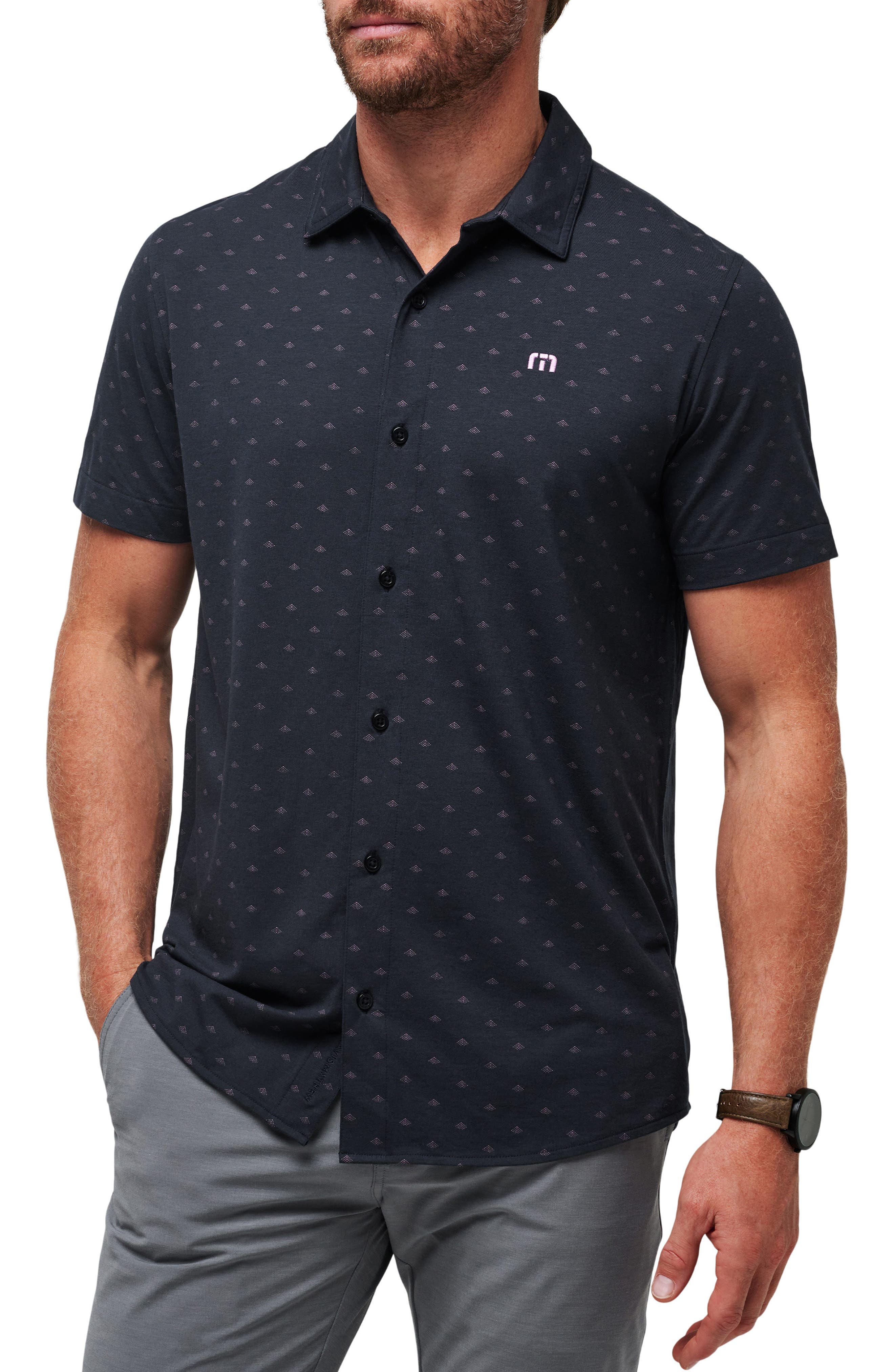 TravisMathew Set a Course Geo Print Knit Short Sleeve Button-Up Shirt