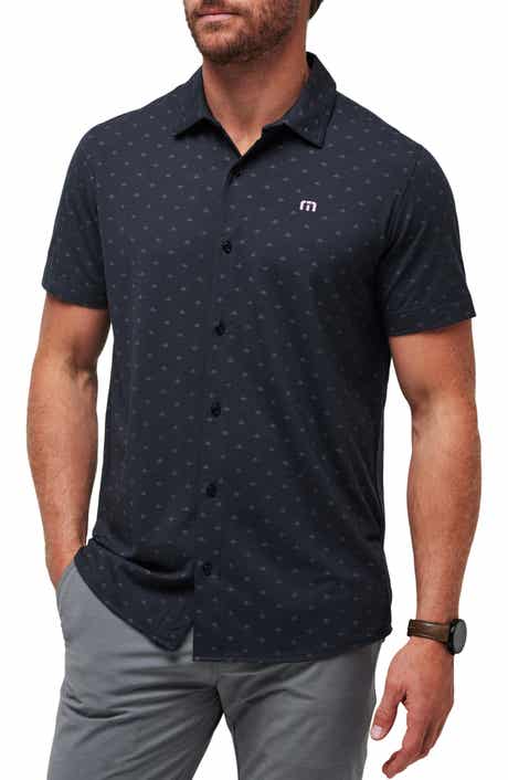 TravisMathew Set a Course Geo Print Knit Short Sleeve Button-Up Shirt