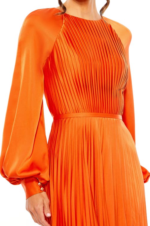Mac Duggal Long Blouson Sleeve Pleated High Neck Gown In Sunset