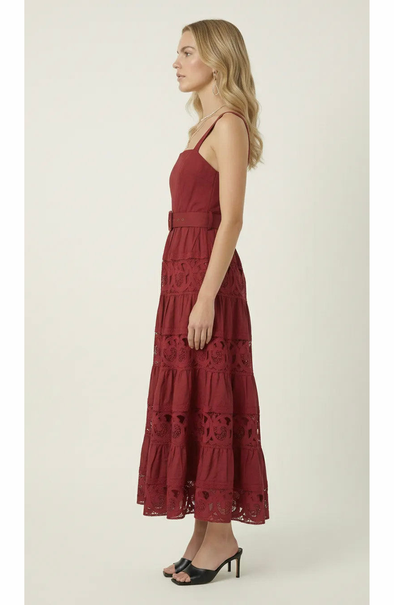 Modenaire Belted Tiered Lace Midi Dress, Alternate, color, Burgundy