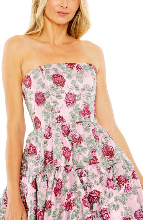 Mac Duggal Floral Jacquard Strapless Minidress In Pink Multi