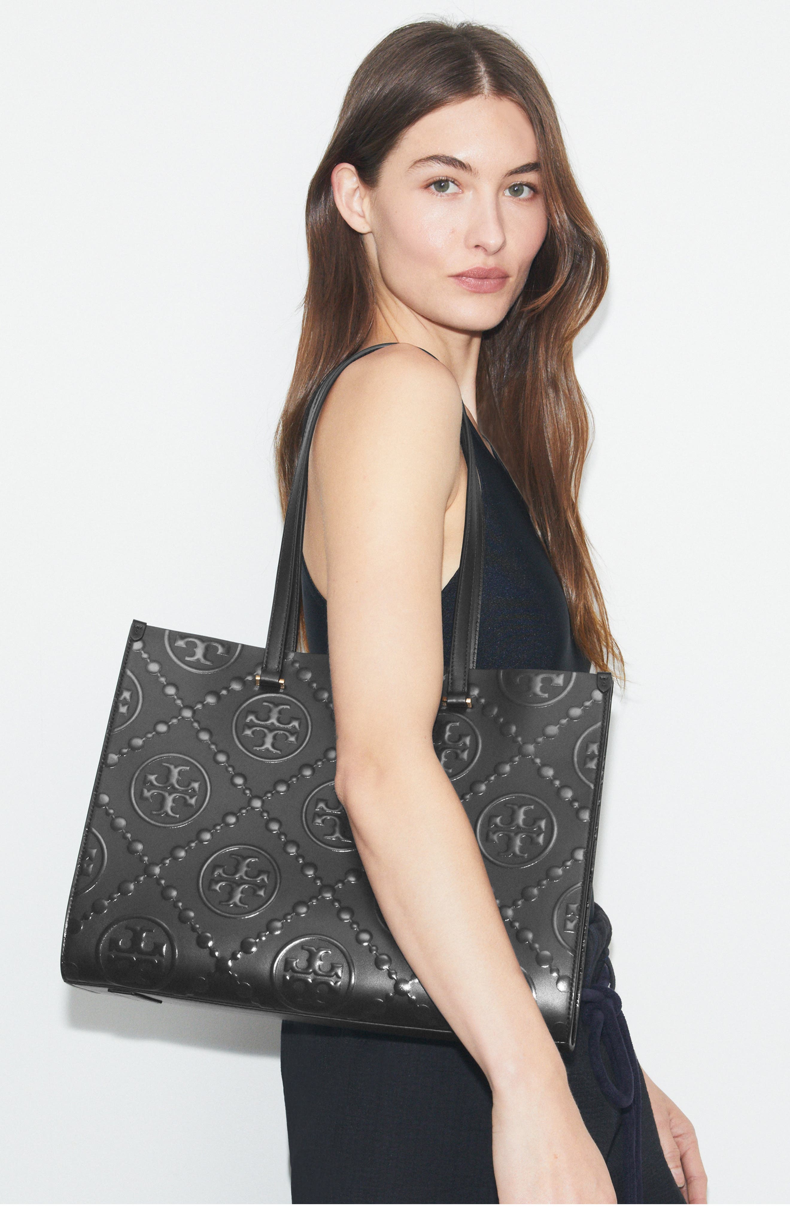 Tory Burch T Monogram Contrast Embossed Leather Tote, Alternate, color, Black