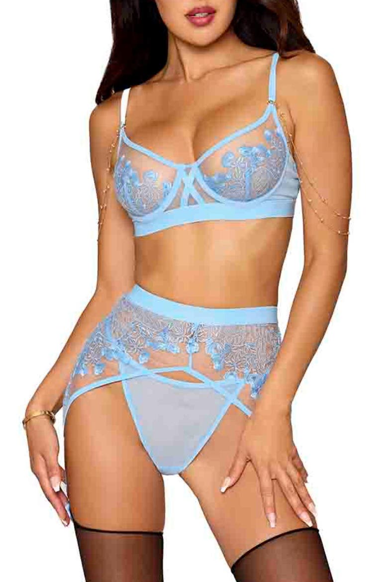 Floral Embroidered Bra, Garter Belt & G-String Set, Main, color, ATCB