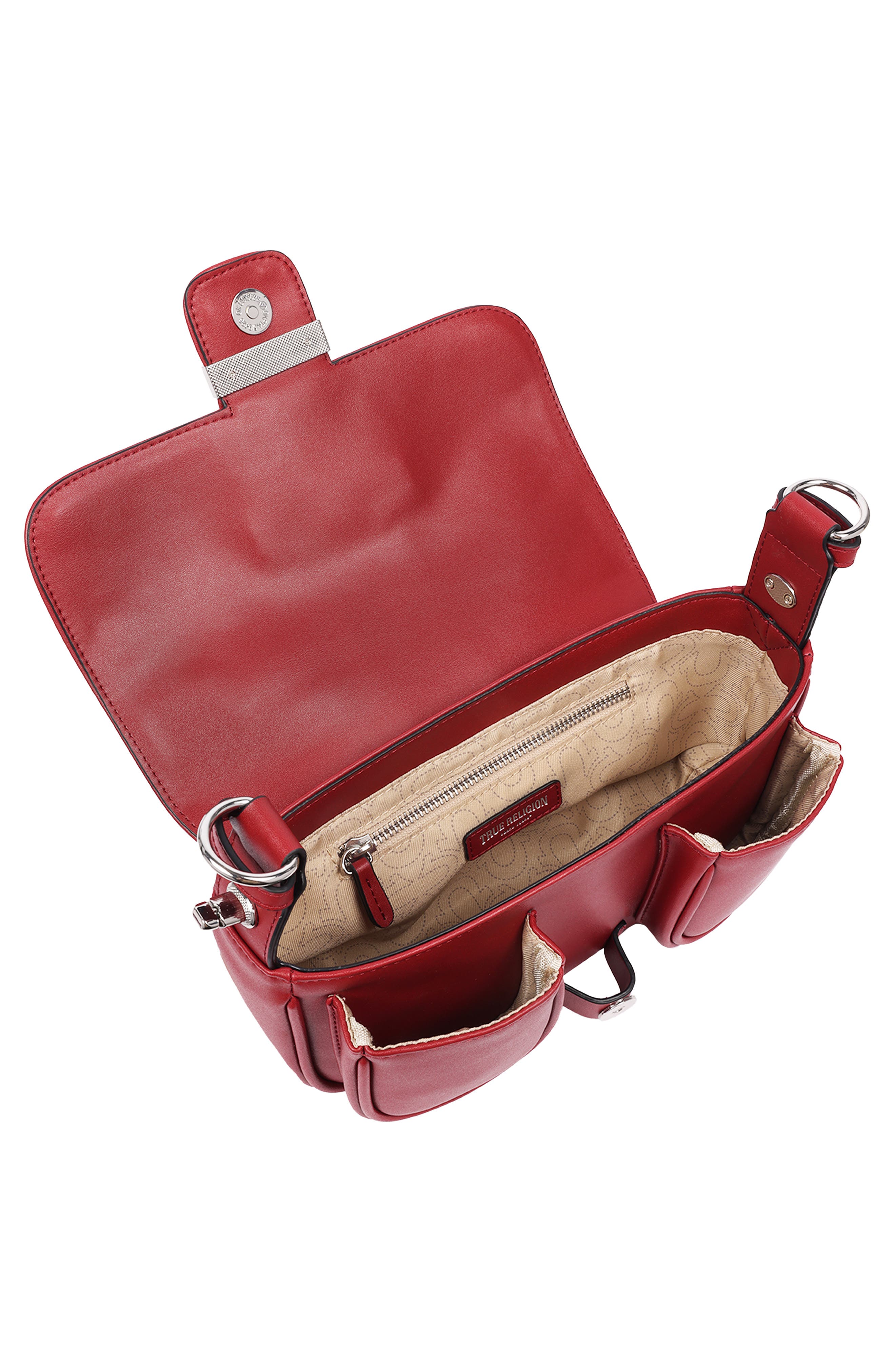 Smooth Moto Studded Faux Leather Shoulder Bag, Alternate, color, RED